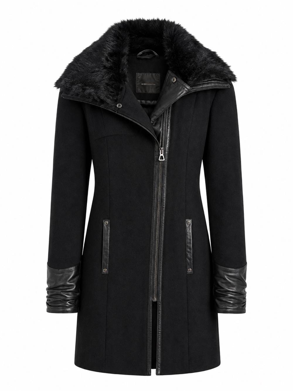 Rudsak Black Wool & Real Leather Trim Winter Coat with Detachable Fur Collar M